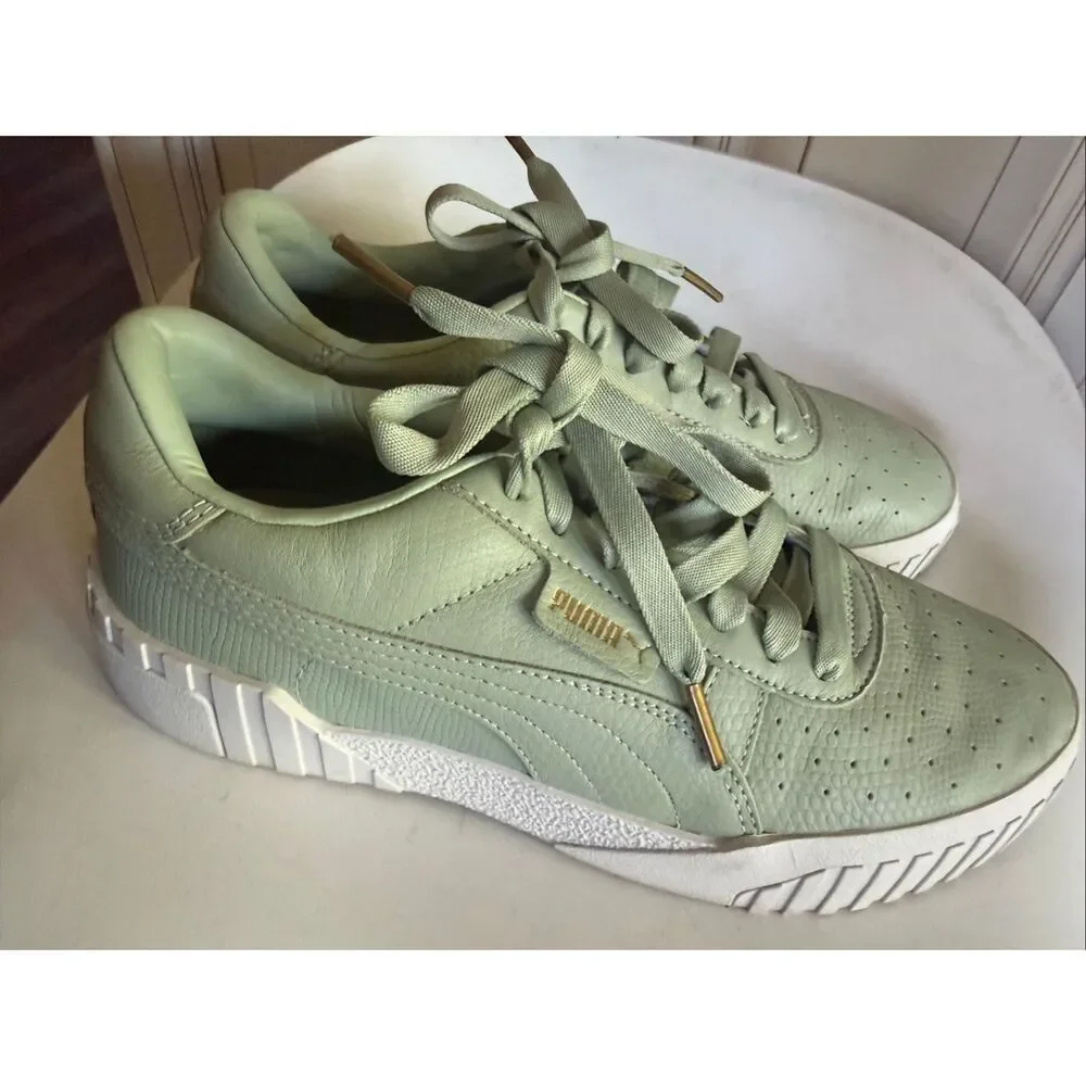 PUMA Women's Cali Emboss Leather Street Sneakers Shoes Smoke Green Size 9